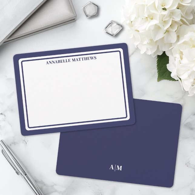 Blue Border Minimalist Monogram Note Card (Blue Border Minimalist Monogram Note Card)