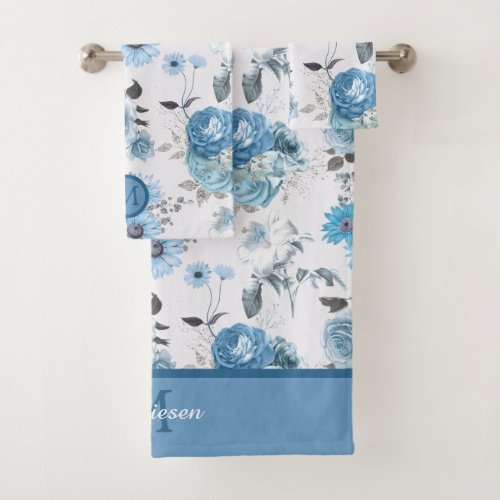 Blue Border Monogram Floral Pattern Bath Towel Set