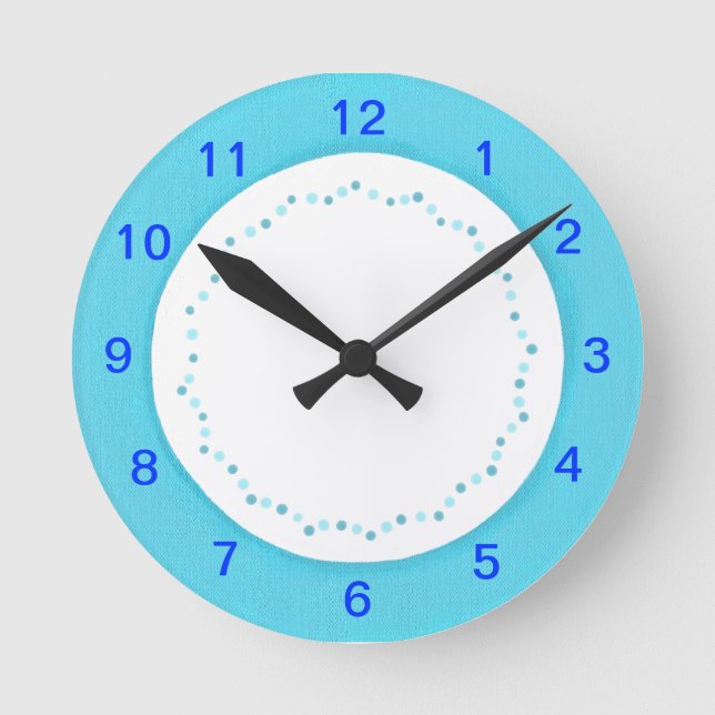 Blue border on white, polka dots wall clock (Front)