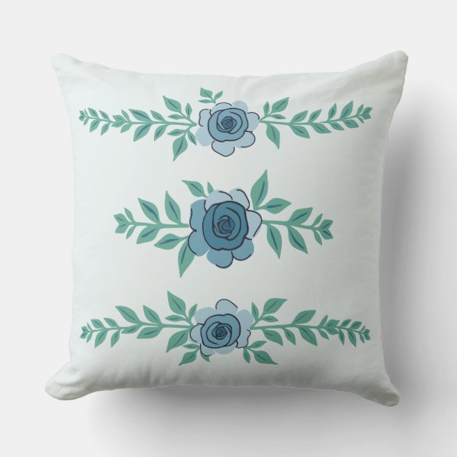 Blue Border Rose Arrangement Throw Pillow (Front)