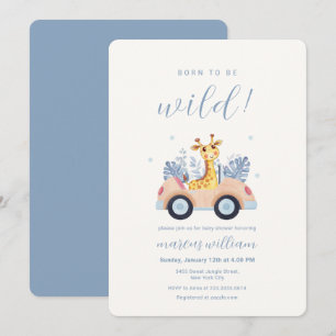 Blue Born To Be Wild Safari Giraffe Baby Shower Invitation