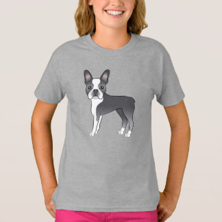Blue Boston Terrier Adorable Cartoon Dog Drawing T-Shirt