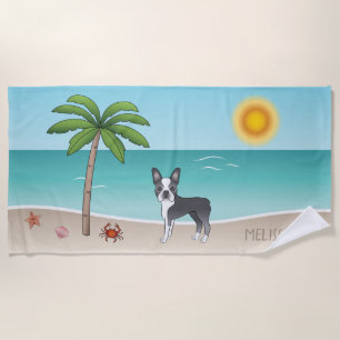 Blue Boston Terrier At A Tropical Summer Beach - Beach Towel