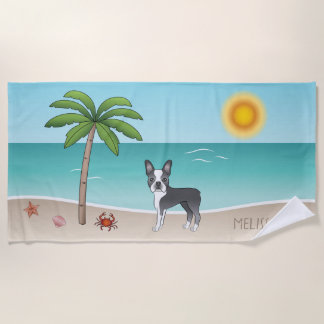 Blue Boston Terrier At A Tropical Summer Beach -  Beach Towel