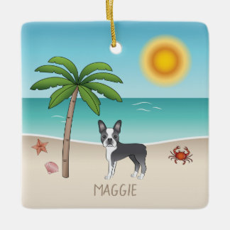 Blue Boston Terrier At A Tropical Summer Beach Ceramic Ornament