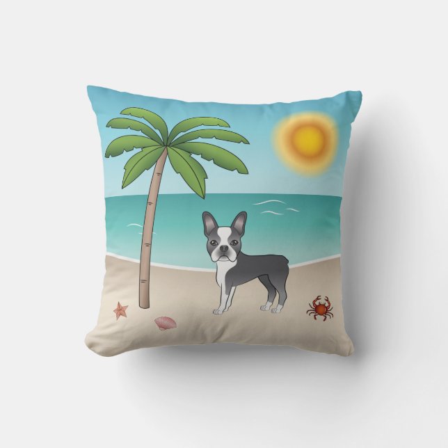 Blue Boston Terrier At A Tropical Summer Beach Throw Pillow (Front)