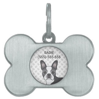 Blue Boston Terrier Cartoon Dog Head &amp; Paws Pet ID Tag
