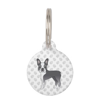 Blue Boston Terrier Cartoon Dog With Pet's Info Pet ID Tag