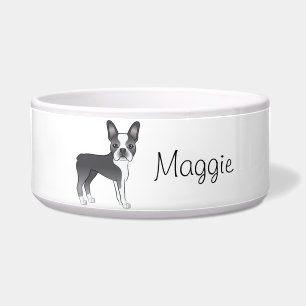 Blue Boston Terrier Cute Cartoon Dog With A Name Bowl