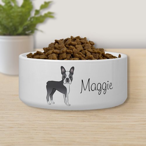 Blue Boston Terrier Cute Cartoon Dog With A Name Bowl