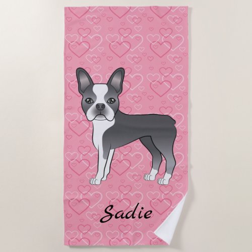 Blue Boston Terrier Dog On Pink Hearts And Name Beach Towel