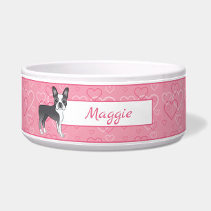 Blue Boston Terrier Dog On Pink Hearts And Name Bowl