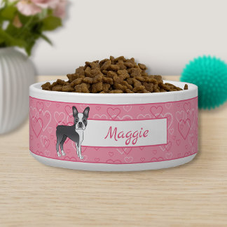 Blue Boston Terrier Dog On Pink Hearts And Name Bowl