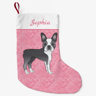 Blue Boston Terrier Dog On Pink Hearts And Name Small Christmas Stocking