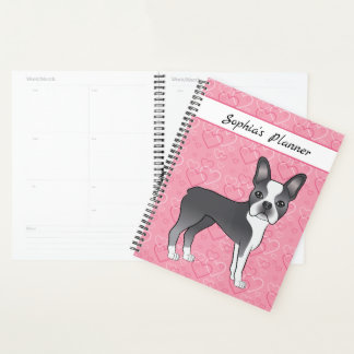 Blue Boston Terrier Dog On Pink Hearts And Text Planner