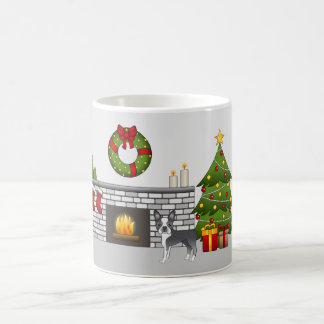 Blue Boston Terrier In A Festive Christmas Room Coffee Mug