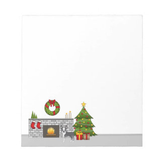 Blue Boston Terrier In A Festive Christmas Room Notepad