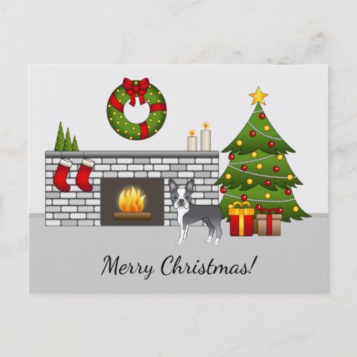Blue Boston Terrier In A Festive Christmas Room Postcard