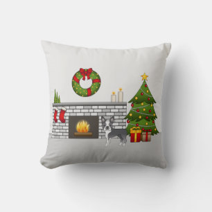Blue Boston Terrier In A Festive Christmas Room Throw Pillow