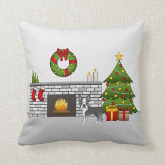 Blue Boston Terrier In A Festive Christmas Room Throw Pillow