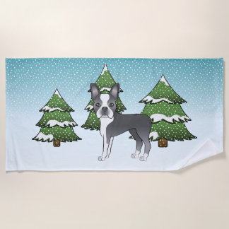 Blue Boston Terrier In A Winter Forest Beach Towel