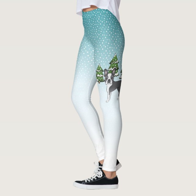Blue Boston Terrier In A Winter Forest Leggings (Left)