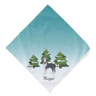 Blue Boston Terrier In A Winter Forest &amp; Name Bandana