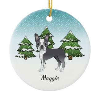 Blue Boston Terrier In A Winter Forest &amp; Name Ceramic Ornament