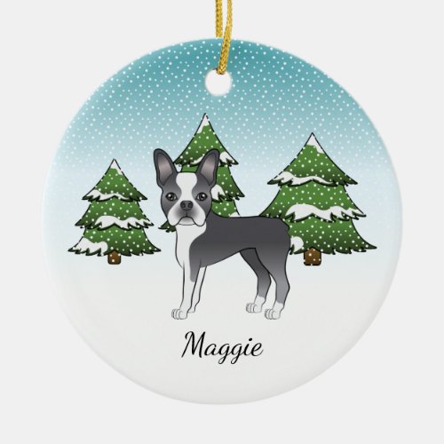 Blue Boston Terrier In A Winter Forest  Name Ceramic Ornament