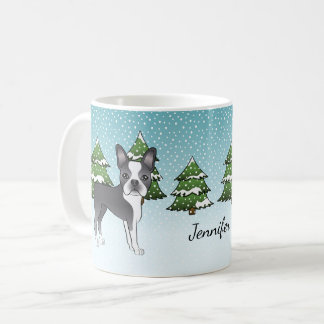 Blue Boston Terrier In A Winter Forest &amp; Name Coffee Mug