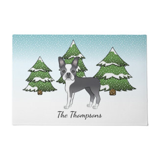 Blue Boston Terrier In A Winter Forest &amp; Name Doormat