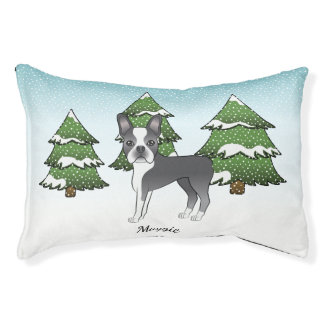 Blue Boston Terrier In A Winter Forest &amp; Name Pet Bed