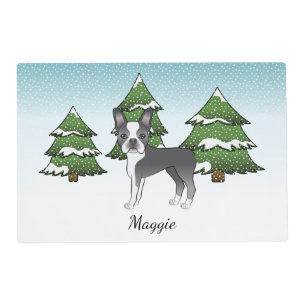 Blue Boston Terrier In A Winter Forest & Name Placemat