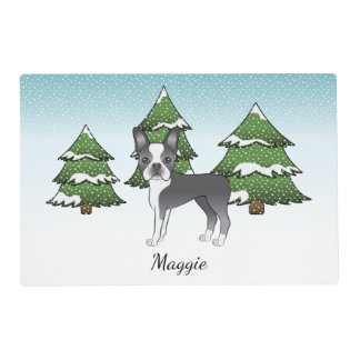 Blue Boston Terrier In A Winter Forest &amp; Name Placemat