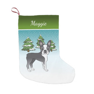 Blue Boston Terrier In A Winter Forest &amp; Name Small Christmas Stocking