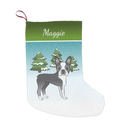 Blue Boston Terrier In A Winter Forest  Name Small Christmas Stocking