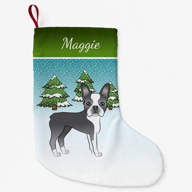 Blue Boston Terrier In A Winter Forest & Name Small Christmas Stocking (Front)