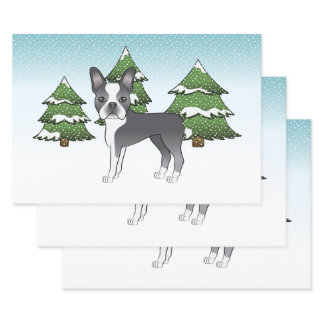 Blue Boston Terrier In A Winter Forest Wrapping Wrapping Paper Sheets