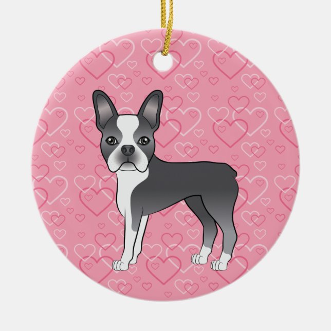 Blue Boston Terrier On Pink Hearts Pet Memorial Ceramic Ornament (Front)