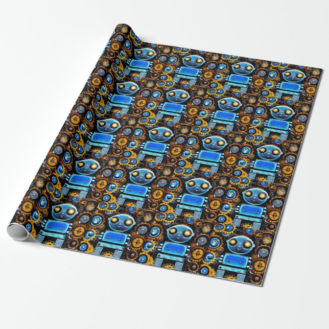 Blue Bot & Gears Wrapping Paper (Unrolled)