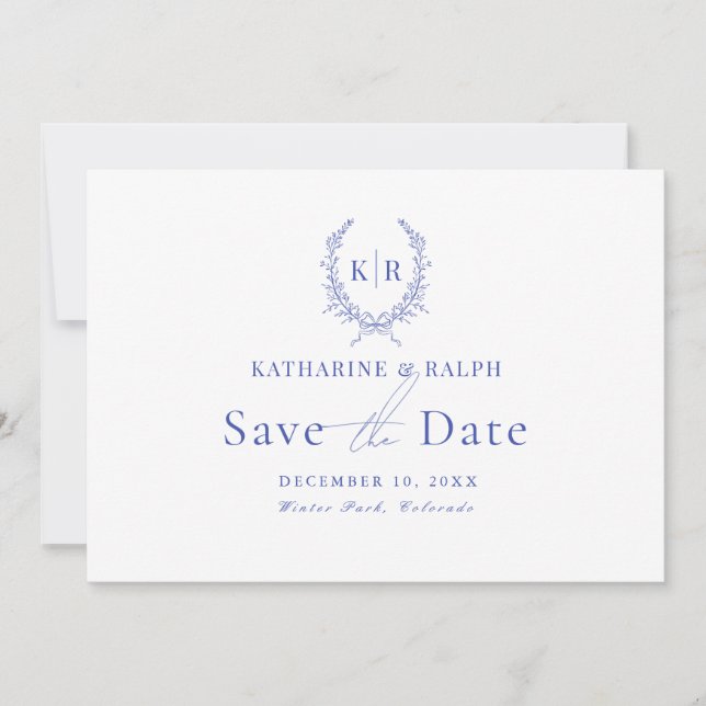 Blue Botaniacal Crest Monogram Save the Date Invitation (Front)