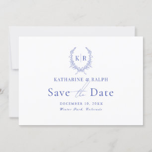 Blue Botaniacal Crest Monogram Save the Date Invitation