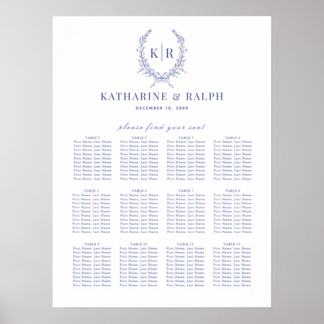 Blue Botaniacal Crest Monogram Seating Chart (Front)