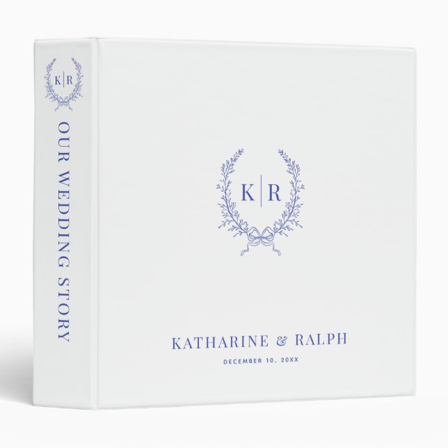 Blue Botaniacal & Ribbon Crest Monogram Wedding 3 Ring Binder (Front/Spine)