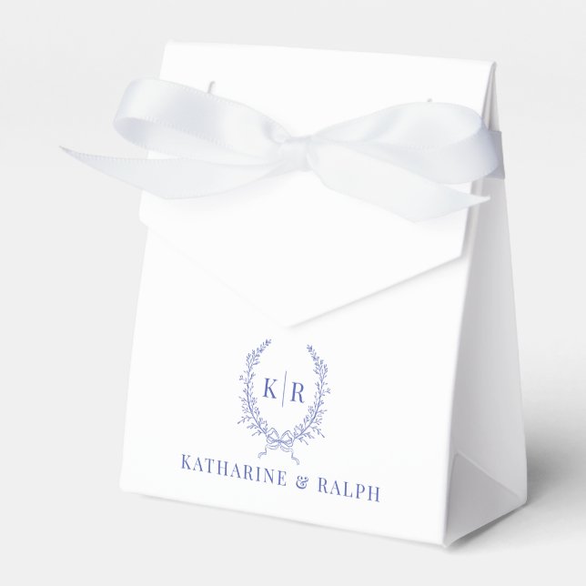 Blue Botaniacal & Ribbon Crest Monogram Wedding Favor Boxes (Front Side)