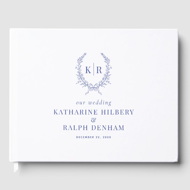 Blue Botaniacal & Ribbon Crest Monogram Wedding Guest Book (Front)