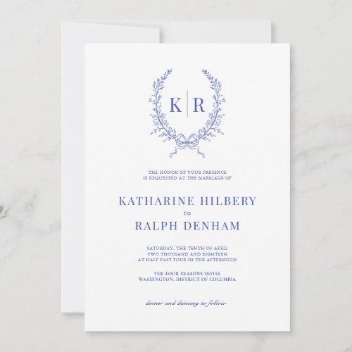 Blue Botaniacal  Ribbon Crest Monogram Wedding Invitation