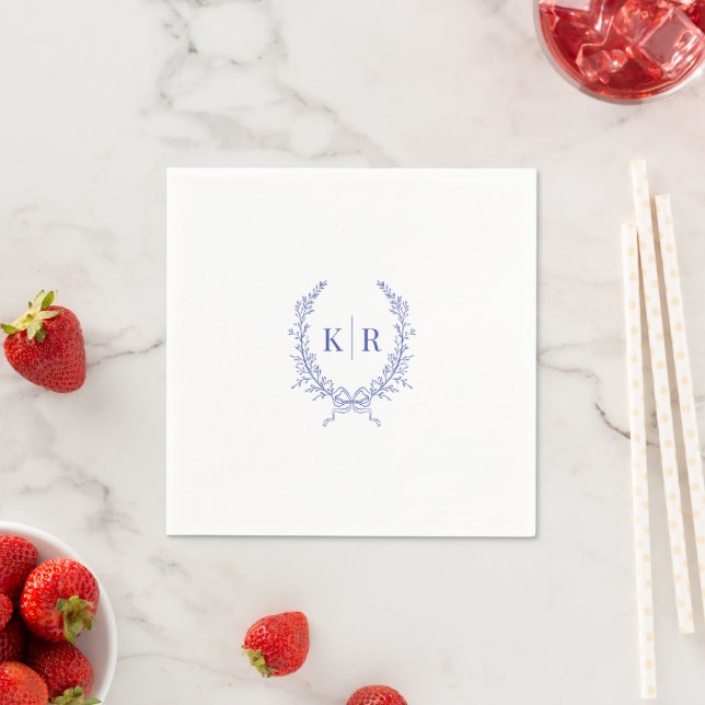 Blue Botaniacal & Ribbon Crest Monogram Wedding Napkins (Insitu)