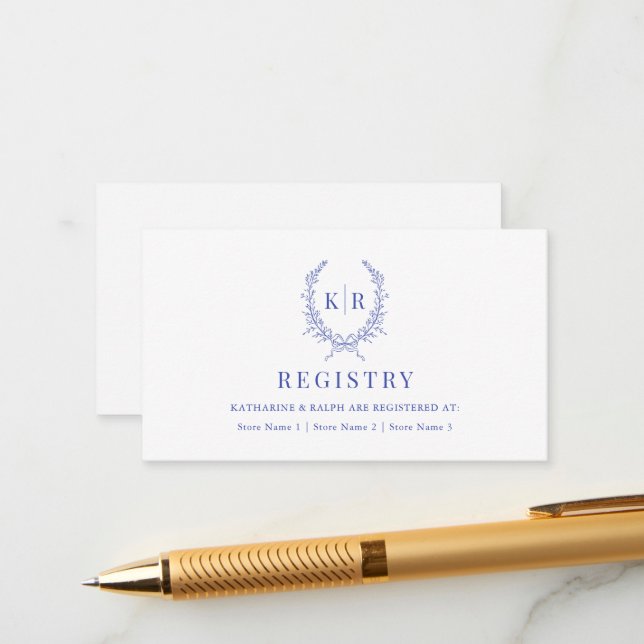 Blue Botaniacal Ribbon Crest Wedding Registry Enclosure Card (Front/Back In Situ)
