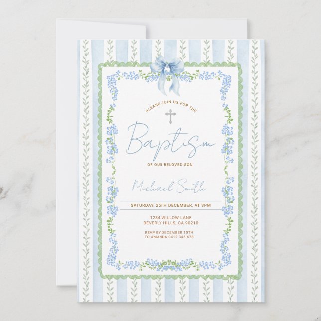 Blue Botanical Baptism Invitation Boy Christening (Front)